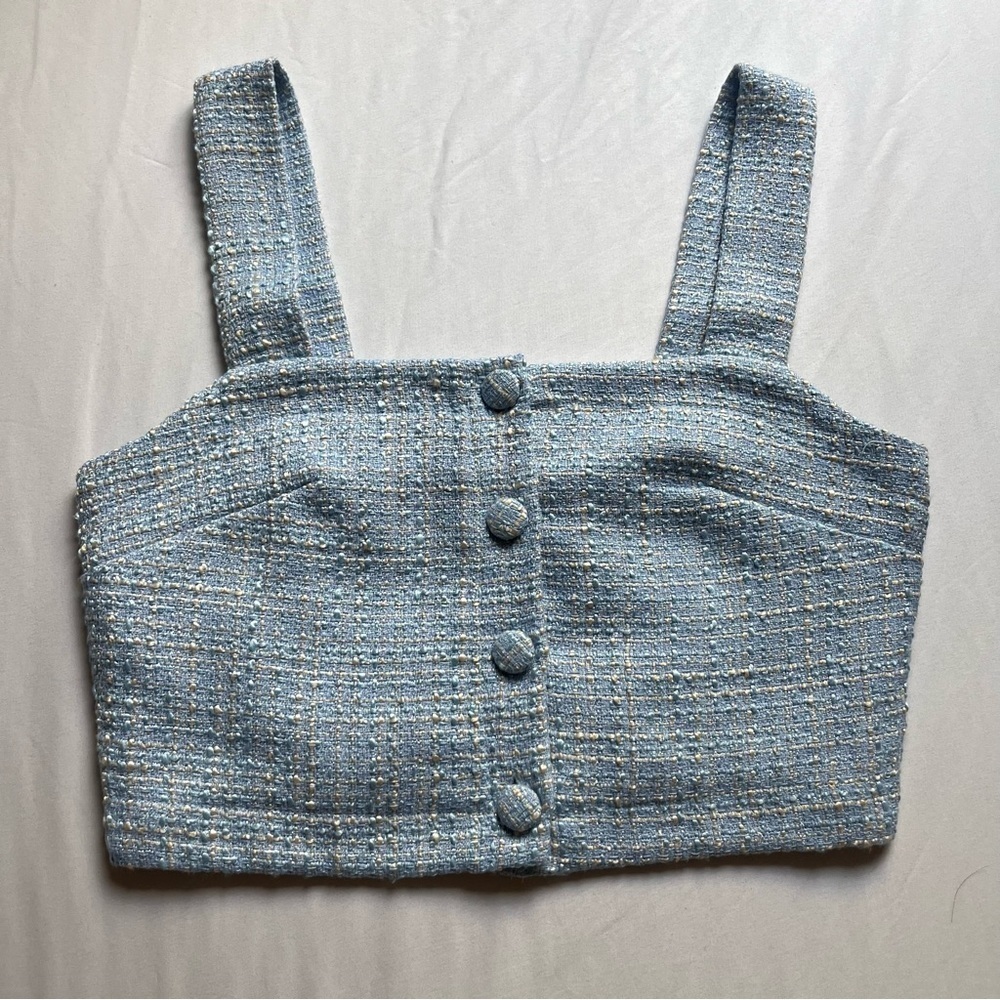 JASON WU light powder blue tweed button up cropped sleeveless tank top